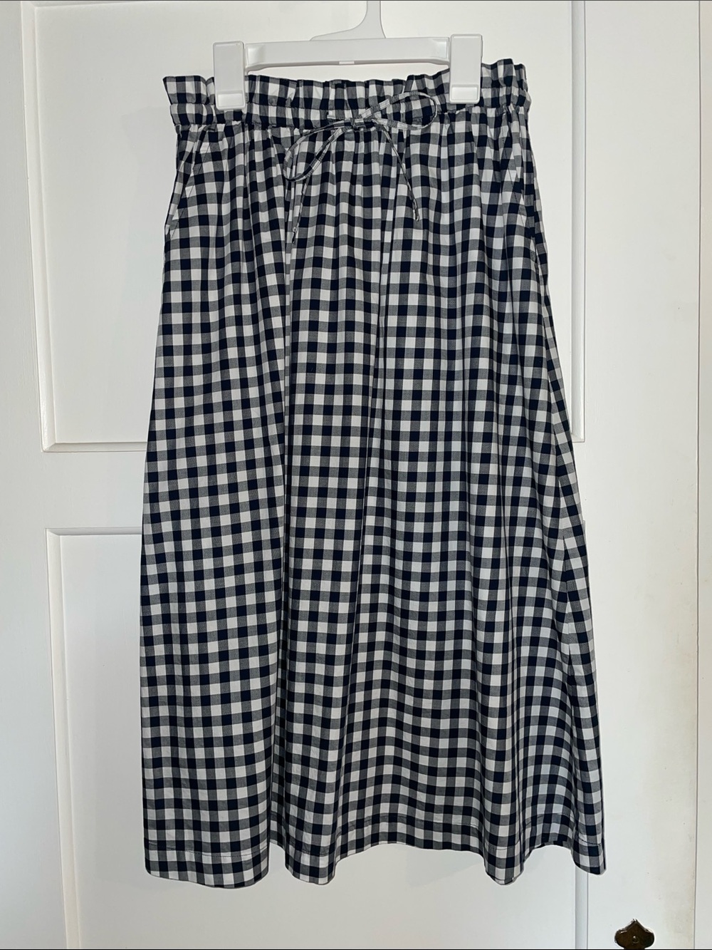 J. Crew Factory Navy and White Gingham Drawstring Midi Skirt